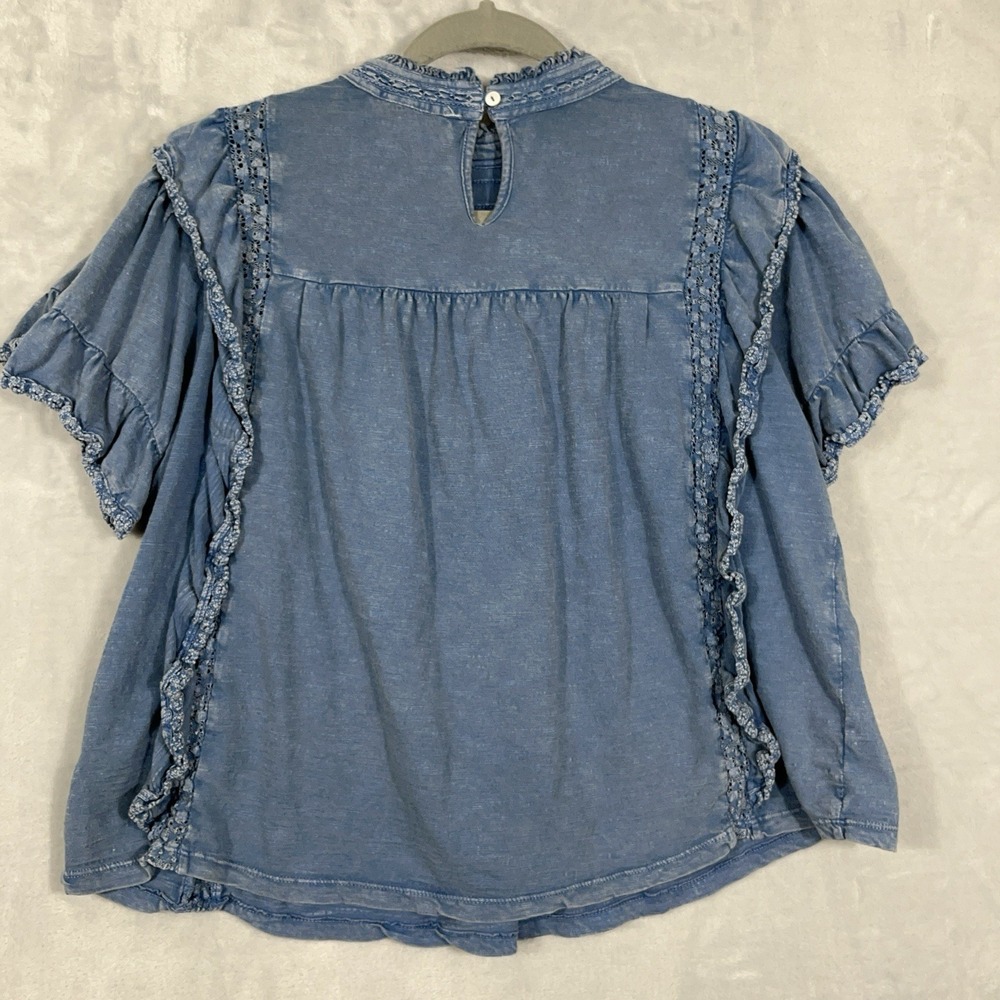 Free People Blue Denim Chambray Ruffled Le Femme Blouse Boho Babydoll Peasant S - Picture 6 of 11